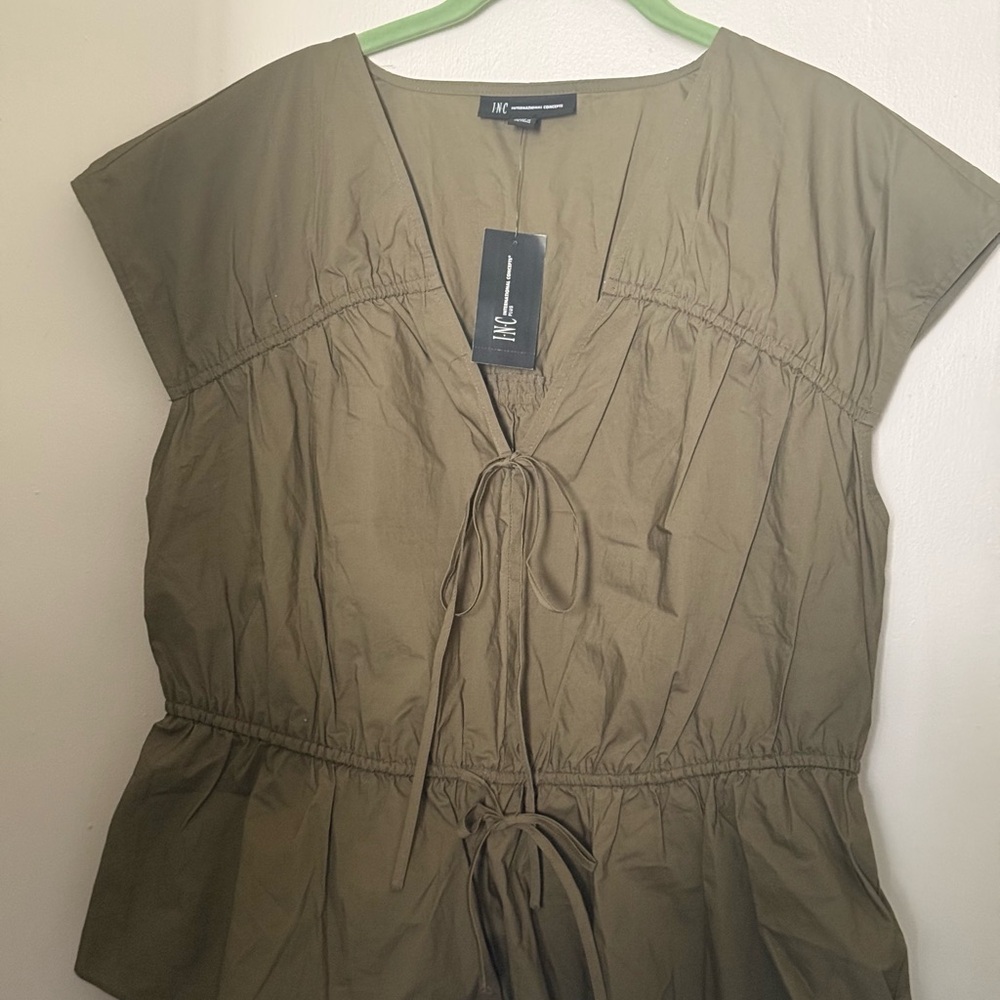 INC Olive Green Peplum Top with Tie Details